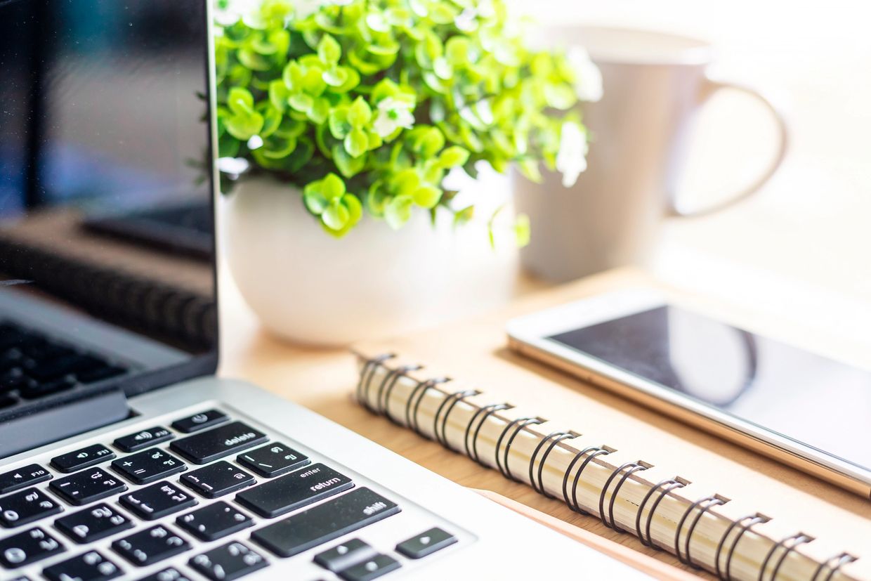 A desk with a laptop, a green plant, a notebook, a cell phone, and coffee mug.