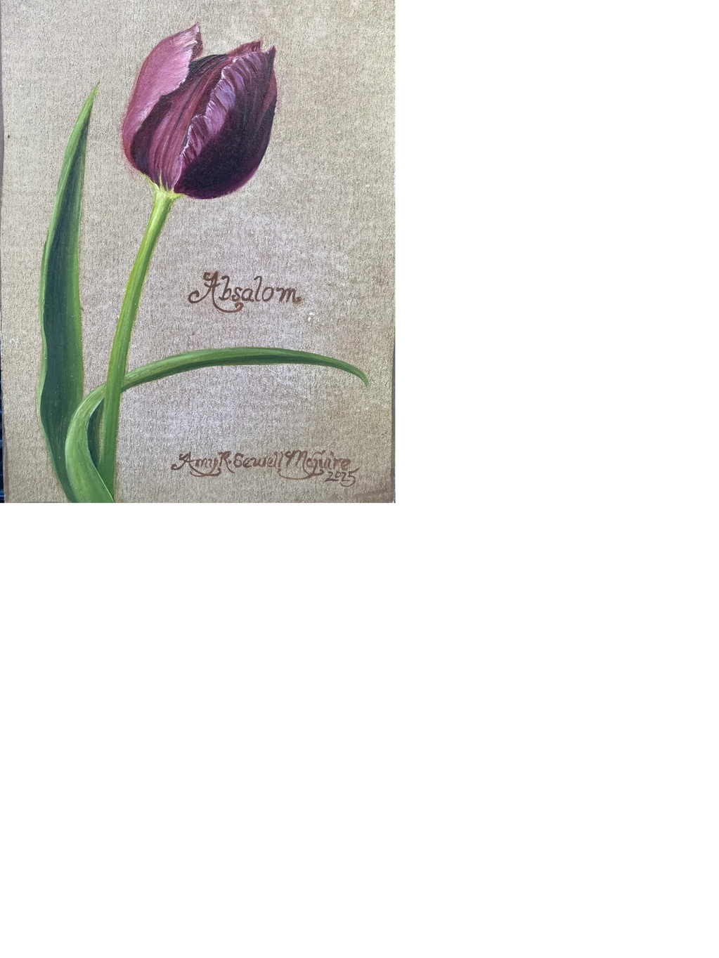 A detailed painting of a purple tulip with green leaves on a beige background.