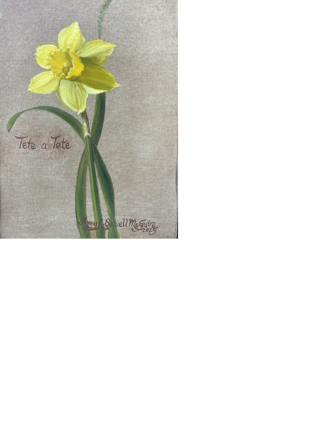 A delicate yellow daffodil with green stems on a neutral background.