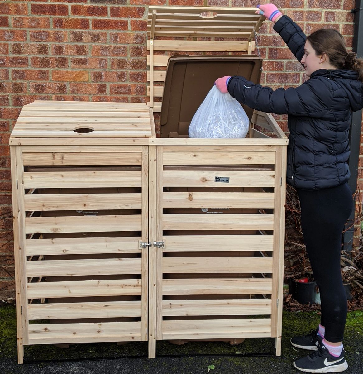 BinGarden Double Wooden Slatted Wheelie Bin Store with BiFold Roof