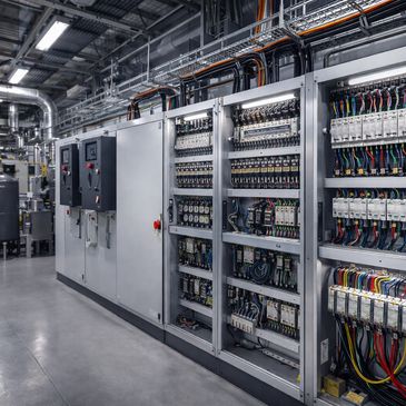 Industrial electrical control panels with organized wiring in a factory setting.