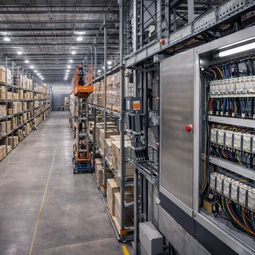A large warehouse with shelves of boxes and an open electrical panel.