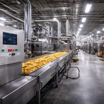 Automated food processing line with snacks on a conveyor belt in a modern factory.