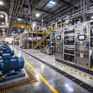 Industrial facility with machinery and control panels.