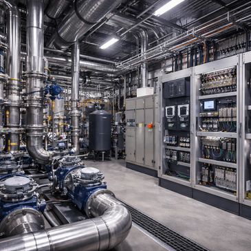 Industrial room with complex piping and electrical control panels.