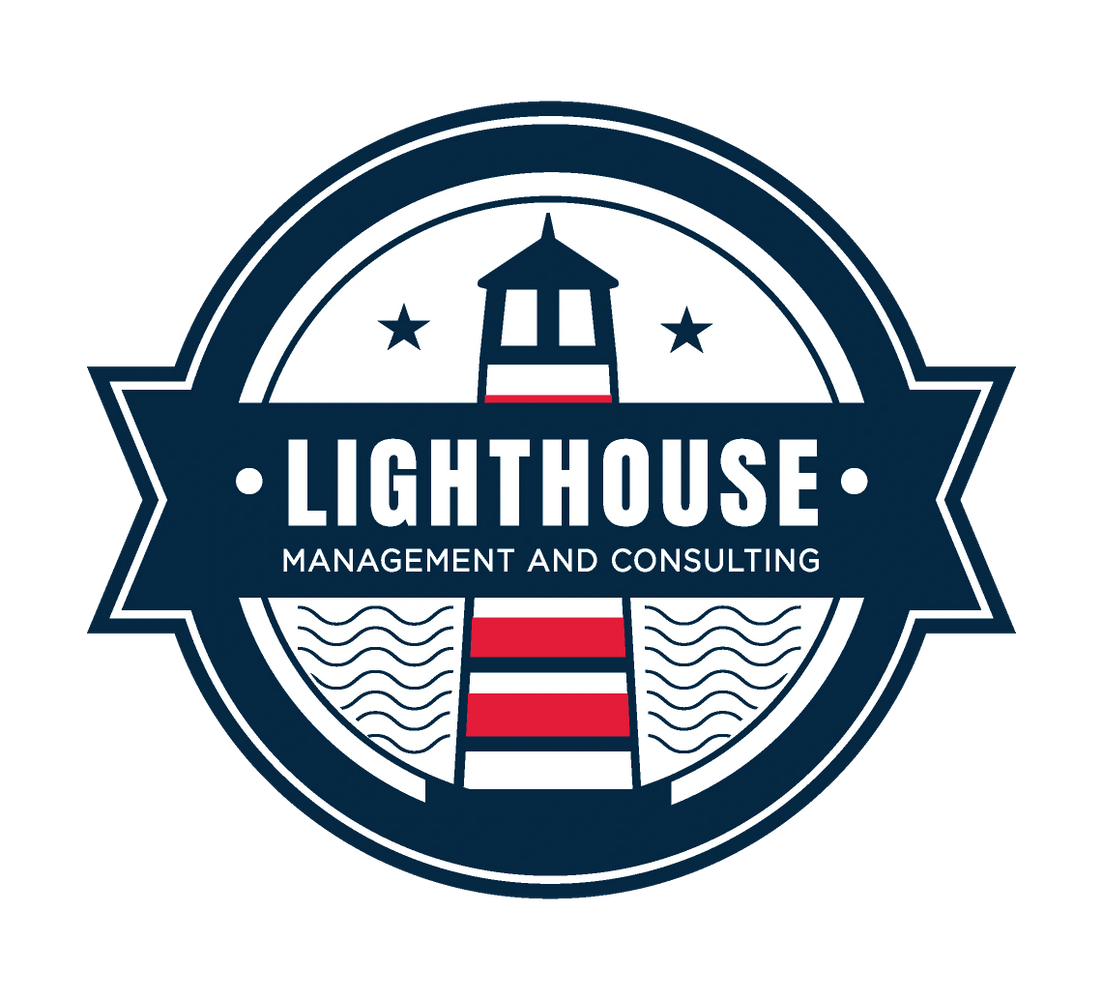 Logo featuring a lighthouse with stars and waves for Lighthouse Management and Consulting.