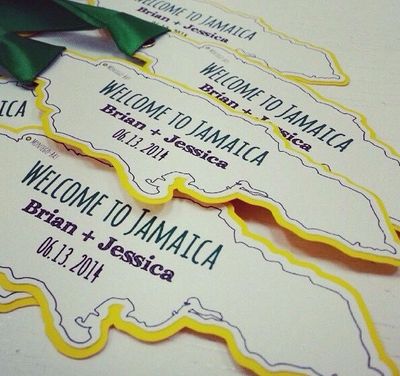Welcome tags shaped like Jamaica with names Brian and Jessica and date 06.13.2014.