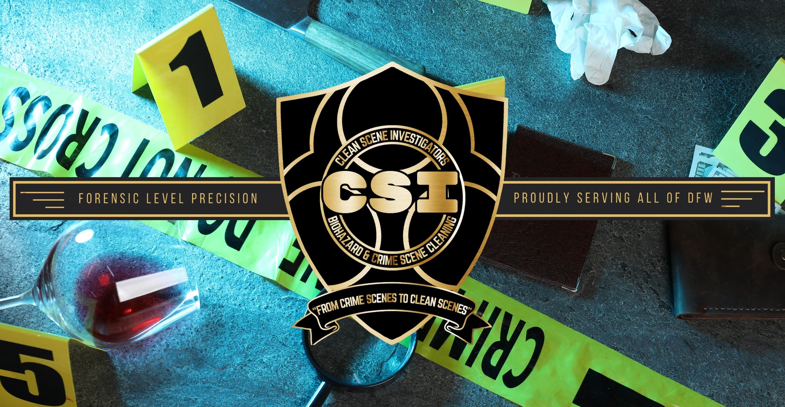 Crime scene with evidence markers, a wine glass, and forensic tools, branded with CSI cleaning service logo.