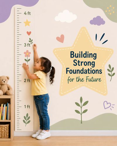 A child measures her height on a wall chart with motivational text.