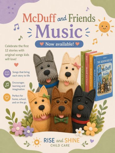 Colorful McDuff and Friends Music promotion featuring five felt dog characters and book series.