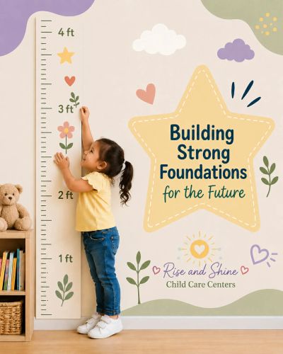 Child measuring height with a growth chart at child care center.