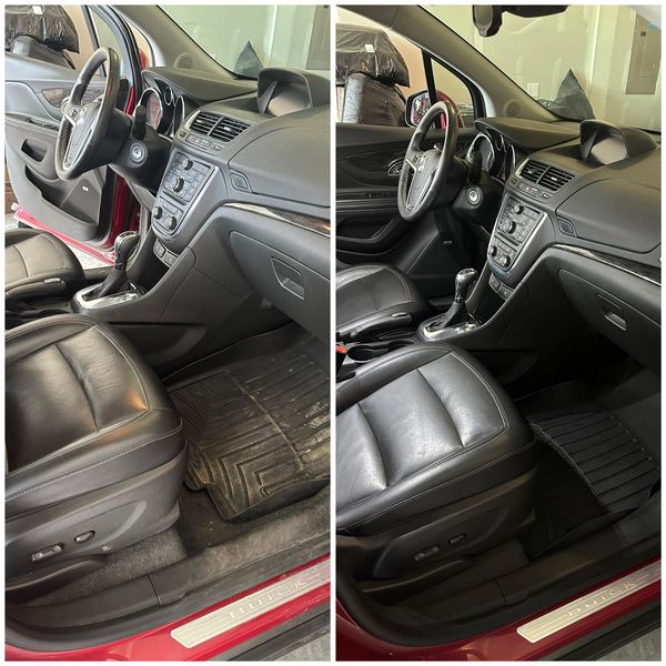Before and after interior car detailing showing a cleaned and restored front passenger area.
