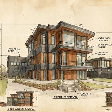 Architectural sketch of a modern two-story house with annotations.