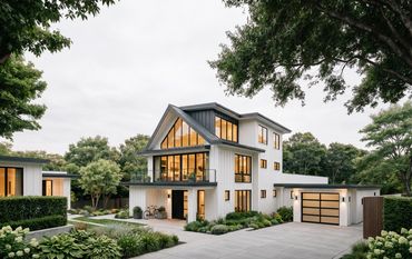Modern white three-story house with large windows and garage.