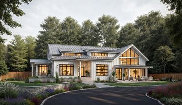 Modern farmhouse surrounded by trees and greenery.