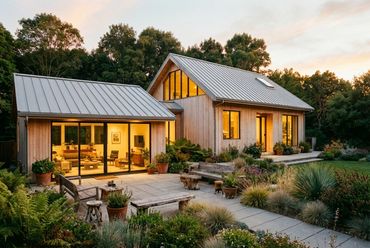 Charming modern wooden house with glowing lights at dusk.