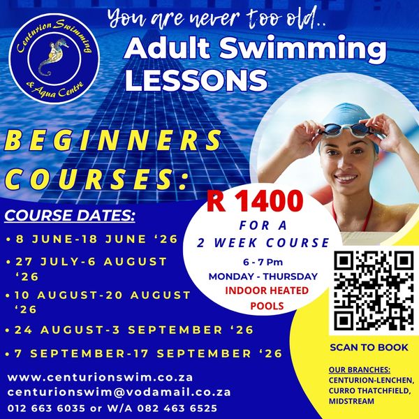 Adult beginner swimming lessons at Centurion Swimming &amp; Aqua Centre with multiple course dates.
