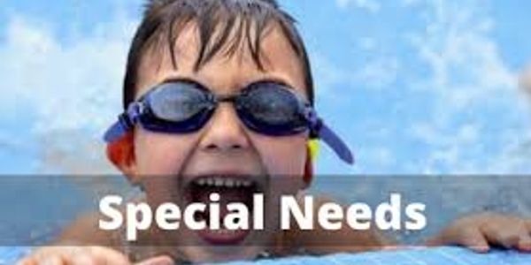 Boy in swimming goggles smiling with text Special Needs.