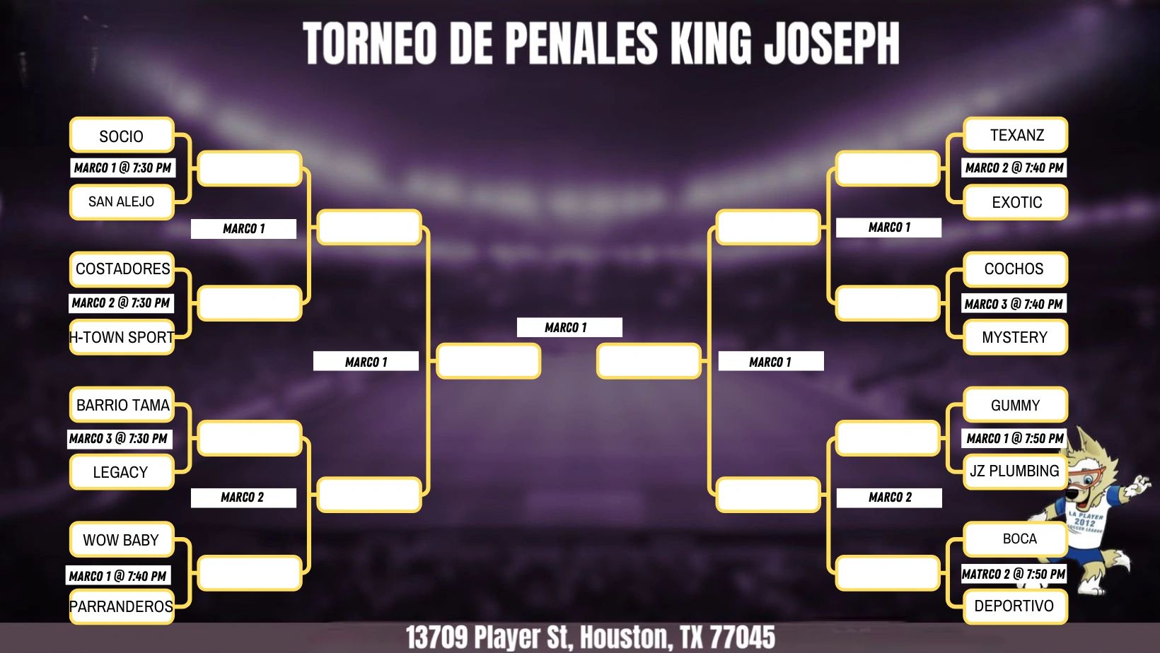 Bracket for the King Joseph Penalty Shootout Tournament in Houston, TX.