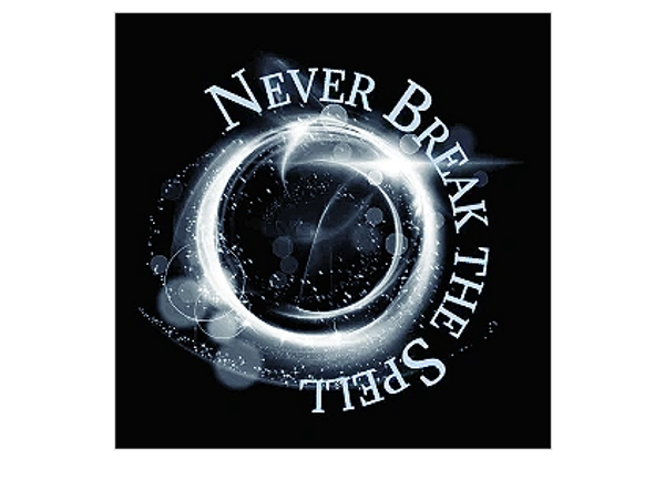 logo - swirly white glittery circle with Never Break the Spell in a half circle on the right