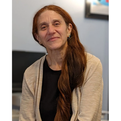 Photo of Dana (white woman with long brown hair sitting in front of a monitor)