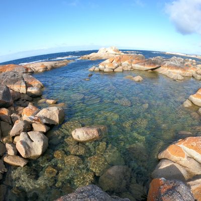 Clear tidal pool surrounded by rocks with ocean in the background.