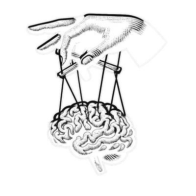 A hand holds the strings of a suspended brain, rendered in old engraving style. Thought as puppet. 