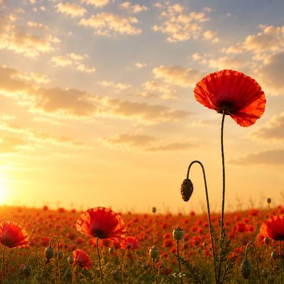 Red poppies in a field at sunset.