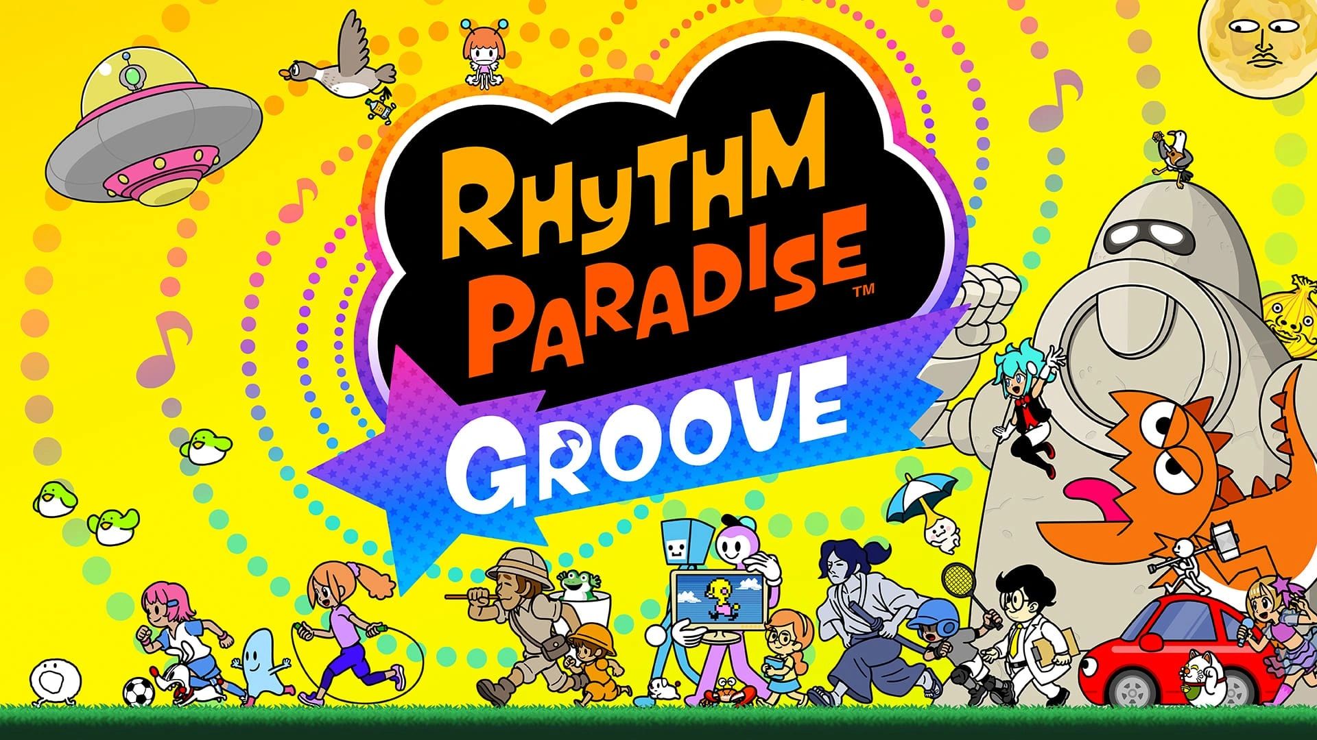 Colorful characters surround the Rhythm Paradise Groove logo on a bright yellow background.