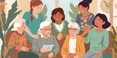 Group of elderly and young people happily engaging together indoors.