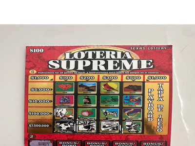 A Texas Lottery Loteria Supreme ticket with colorful game squares and prize amounts.