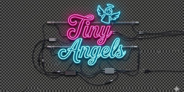 Neon sign reading 'Tiny Angels' with an angel graphic on a transparent background.