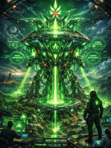 Futuristic green energy tower with scientists monitoring its power.