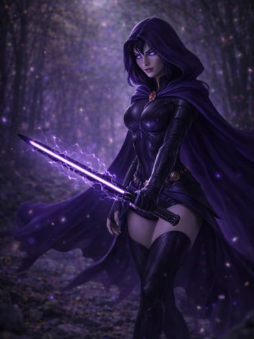 A mysterious woman in a dark cloak wields a glowing purple sword in a forest.