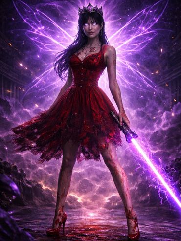 Dark fairy queen with glowing purple wings and a lightsaber.