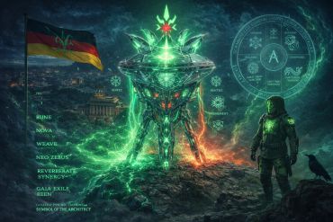 Futuristic glowing green artifact with symbols and a figure standing nearby under a dark sky.