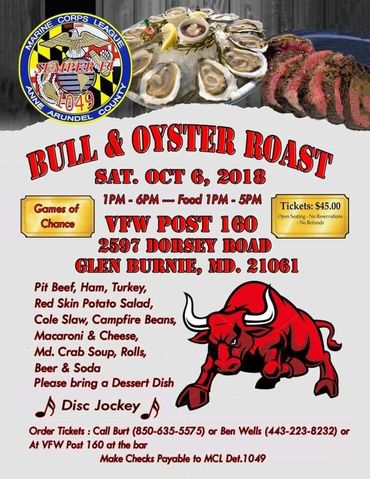Flyer for Bull &amp; Oyster Roast event at VFW Post 160 in Glen Burnie, MD.
