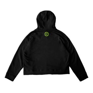 Black hoodie with a small green circular logo on the upper back.