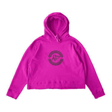 Bright pink hoodie with a black circular logo on the front.