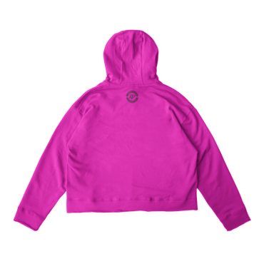 Bright pink hoodie with a small logo on the upper back.