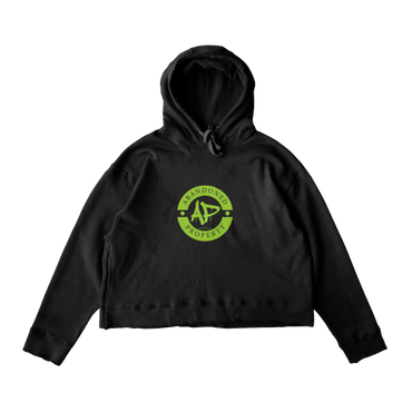 Black hoodie with a green circular logo and "Abandoned Property" text on the front.