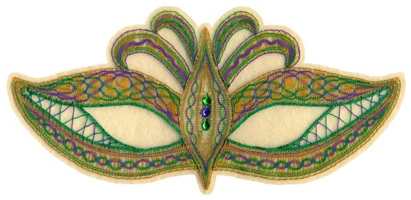Intricately embroidered design with green, purple, and gold threads.