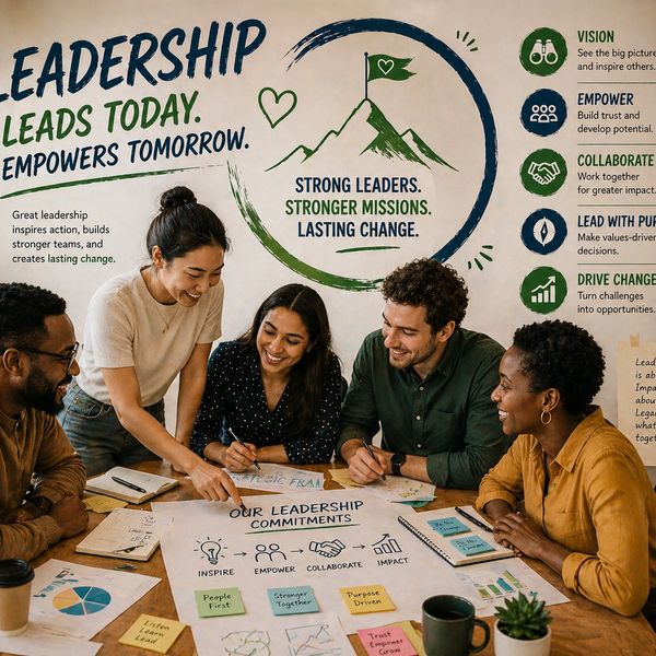 Diverse team collaborating on leadership goals with enthusiasm and focus.