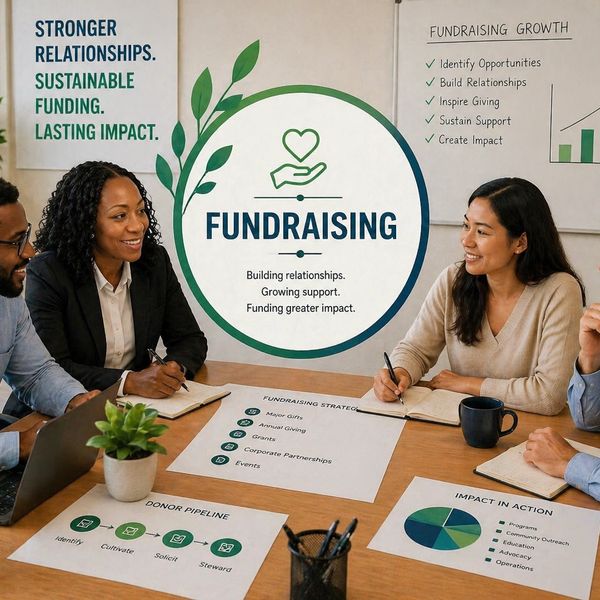 Team discussing fundraising strategies and building relationships for greater impact.