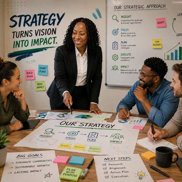 Team collaborating on strategy with charts and notes in a meeting room.