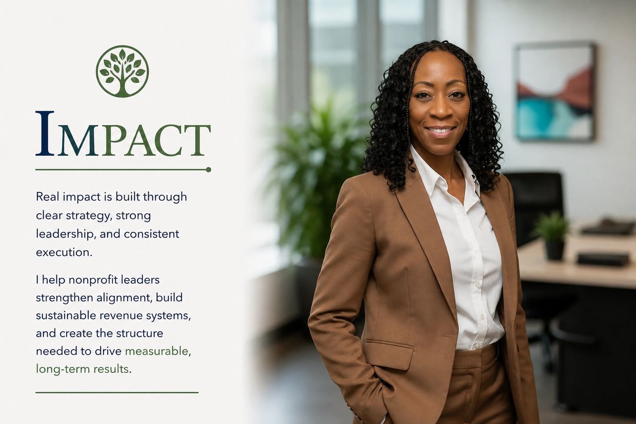 Professional woman in brown suit stands confidently in an office setting with impactful leadership message.