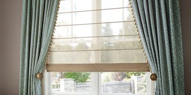 Custom drapes over sheer roman shades. Anytime custom drapes collection.