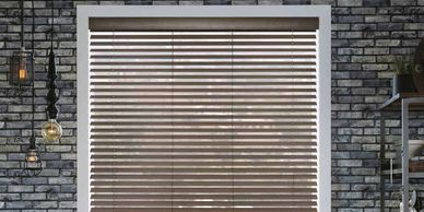 Wood blinds on window.  Rustic decor. Anytime wood blinds & wood cornice collection.