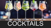 Five colorful cocktails in glasses with garnishes on a bar counter.