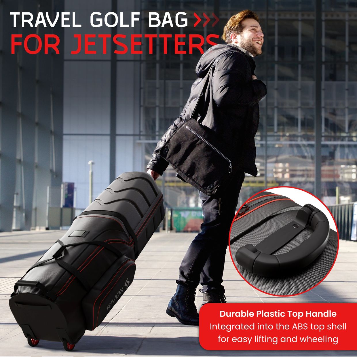 Travel golf bag for jetsetters - Durable plastic top handle for easy lifting and comfortable grip.